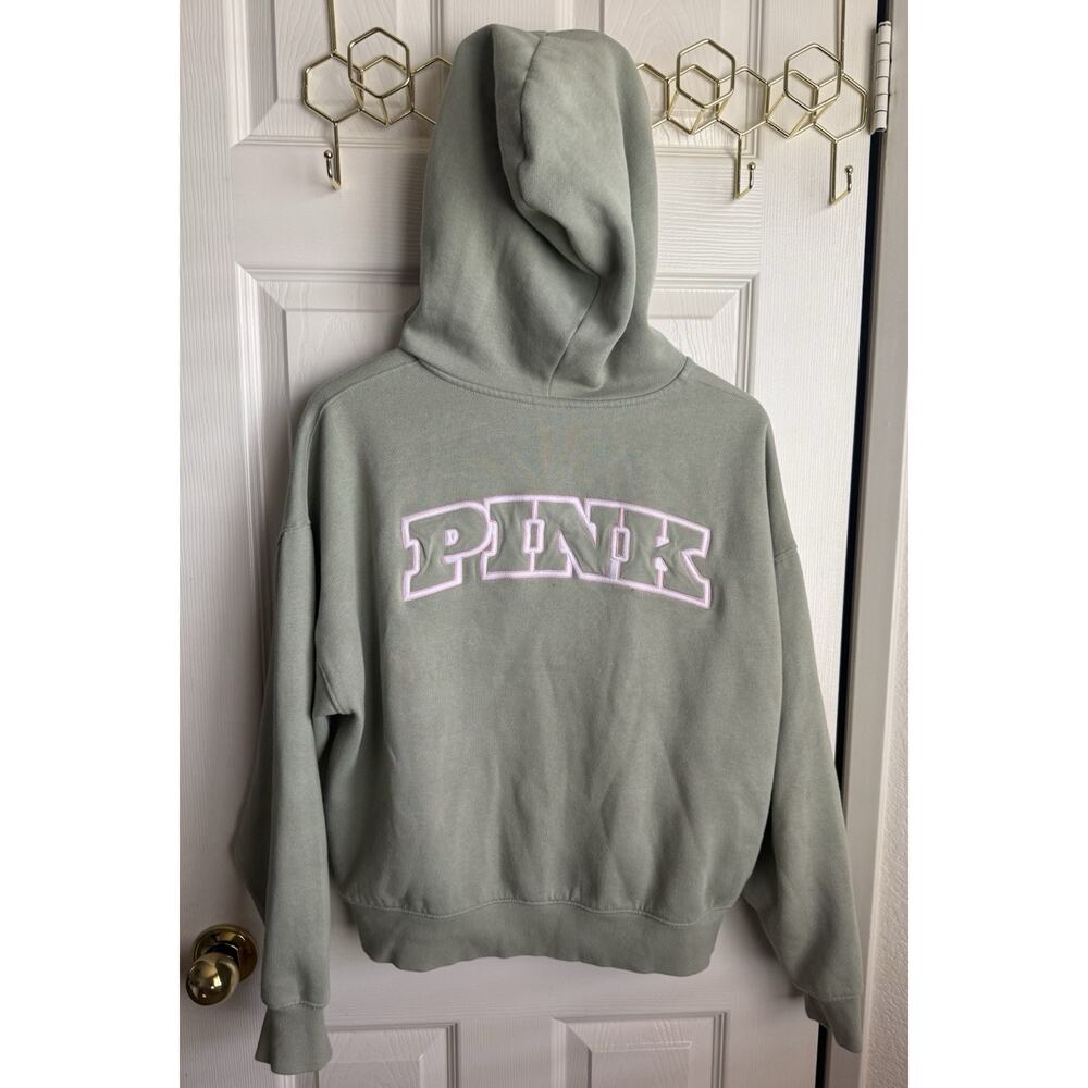 PINK Victoria's Secret Logo Full Zip Fleece Hoodie Green Women's M - Picture 2 of 3